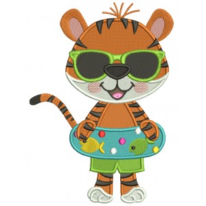 Cute Tiger Girl With Inflatable Swimming Tube Summer Filled Machine Embroidery Design Digitized Pattern