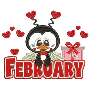 February Penguin With Hearts Valentine's Day Applique Machine Embroidery Design Digitized Pattern