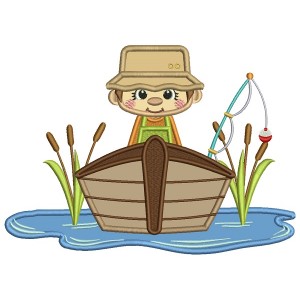 Fisherman Catching Fish On The Boat Applique Machine Embroidery Design Digitized Pattern
