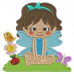 Flower Fairy With Flowers and a Bird Filled Machine Embroidery Design Digitized Pattern