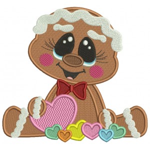 Gingerbread Girl Holding Heart Valentine's Day Filled Machine Embroidery Design Digitized Pattern