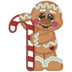 Gingerbread Man Holding Sugar Cane Candy Christmas Applique Machine Embroidery Design Digitized Pattern