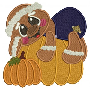 Gingerbread Man Laying On A Huge Pumpkin Fall Filled Machine Embroidery Design Digitized Pattern