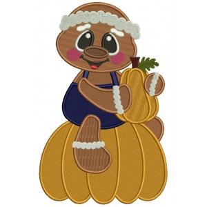 Gingerbread Man Sitting On the Big Pumpkin And Holding a Small Pumpkin Fall Filled Machine Embroidery Design Digitized Pattern