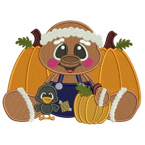 Gingerbread Man With a Little Crow Sitting Next To Pumpkins Thanksgiving Filled Machine Embroidery Design Digitized Pattern