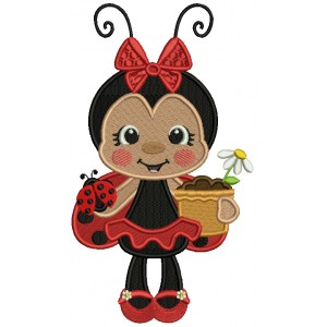 Girl Ladybug Holding Flower Pot Filled Machine Embroidery Design Digitized Pattern