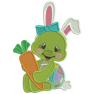 Girl Turtle Wearing Bunny Ears Holding Carrot Easter Filled Machine Embroidery Design Digitized Pattern 