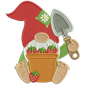 Gnome With a Bucket Full Of Strawberries And a Garden Trowel Filled Machine Embroidery Design Digitized Pattern