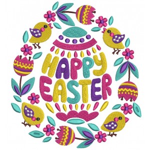 Happy Easter Ornate Egg And Birds Filled Machine Embroidery Design Digitized Pattern