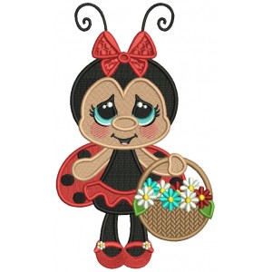 Ladybug With Big Eyes and Flower Basket And a Bow Filled Machine Embroidery Design Digitized Pattern