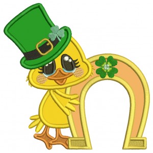 Little Chick Holding a Horseshoe Applique St. Patrick's Day Machine Embroidery Design Digitized Pattern