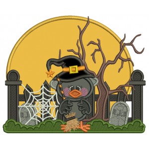 Little Crow Wizard Holding Broom Spider Web and RIP Halloween Applique Machine Embroidery Design Digitized Pattern