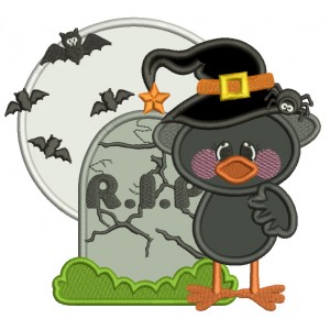 Little Crow Wizard RIP and Bats Halloween Applique Machine Embroidery Design Digitized Pattern