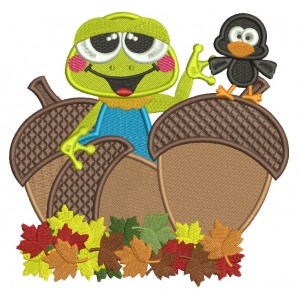 Little Frog With a Bird And Acorns Fall Filled Machine Embroidery Design Digitized Pattern