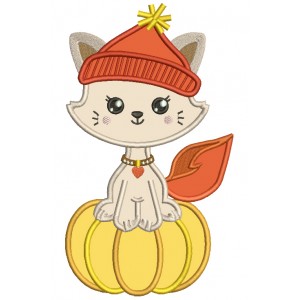 Little Kitten Sitting On The Pumpkin Fall Applique Machine Embroidery Design Digitized Pattern