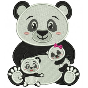 Mama Panda Holding Two Babie Pandas Filled Machine Embroidery Design Digitized Pattern