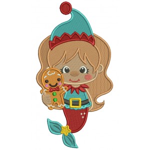Mermaid Holdinng Gingerbread Man Filled Christmas Machine Embroidery Design Digitized Pattern