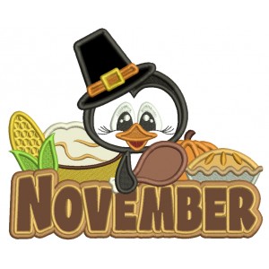 November Penguin Thanksgiving Applique Machine Embroidery Design Digitized Pattern