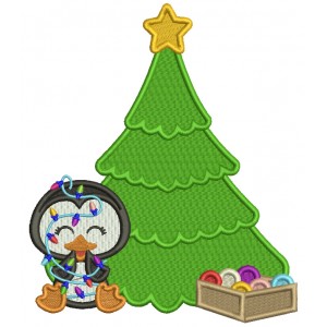 Penguin With Lights And Christmas Tree Filled Machine Embroidery Design Digitized Pattern