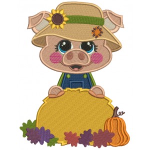 Piggy Farmer Wearing Hat With Sunflower Fall Filled Machine Embroidery Design Digitized Pattern