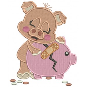 Piggy Hugging Broken Piggy Bank Filled Machine Embroidery Design Digitized Pattern