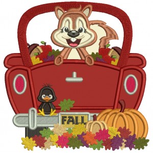 Squirrel Sitting In A Truck With Pumpkins Fall Applique Machine Embroidery Design Digitized Pattern