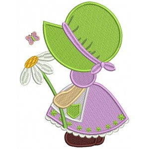 Sunbonnet Doll Holding a Daisy Filled Machine Embroidery Design Digitized Pattern
