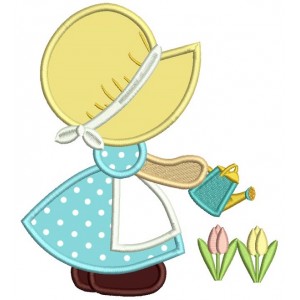 Sunbonnet Doll Watering Plants Applique Machine Embroidery Design Digitized Pattern