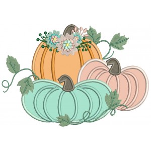 Three Beautiful Pumpkins With Flowers Applique Machine Embroidery Design Digitized Pattern