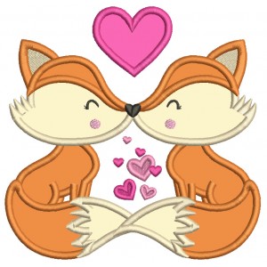 Two Foxes In Love With Hearts Valentine's Day Applique Machine Embroidery Design Digitized Pattern
