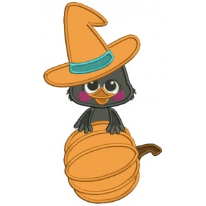 Baby Crow With Big Hat Holding Pumpkin Fall Thanksgiving Applique Machine Embroidery Design Digitized Pattern