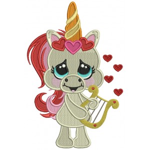 Baby Unicorn With a Harp Valentine's Day Filled Machine Embroidery Design Digitized Pattern