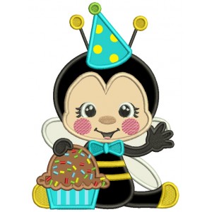 Birthday Bee Holding Cupckake Applique Machine Embroidery Design Digitized Pattern
