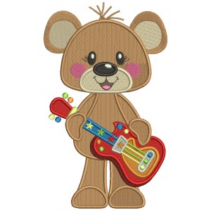 Cute Bear Playing Guitar Filled Machine Embroidery Design Digitized Pattern