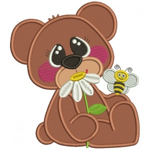 Cute Bear With a Flower and a Bee Applique Machine Embroidery Design Digitized Pattern