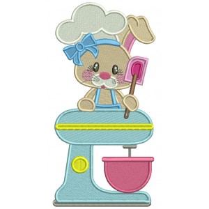 Cute Bunny Cook With a Mixer Easter Filled Machine Embroidery Design Digitized