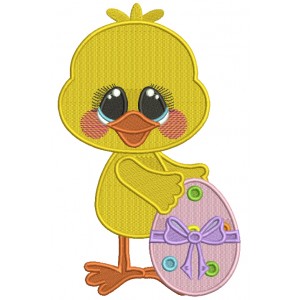Cute Chick Holding Beautiful Easter Egg With The Bow Filled Machine Embroidery Design Digitized Pattern 