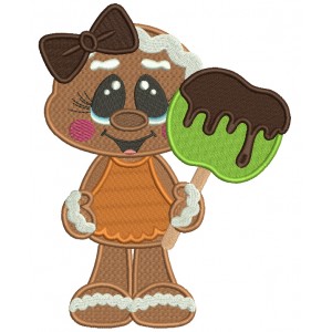 Cute Gingerbread Girl Holding Apple Covered With Chocolate Filled Thanksgiving Machine Embroidery Design Digitized Pattern