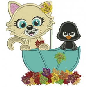 Cute Kitten And a Baby Crow Sitting Inside an Umbrella Fall Applique Machine Embroidery Design Digitized Pattern