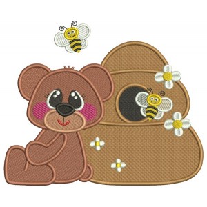 Cute Little Bear And Bees Filled Machine Embroidery Design Digitized Pattern