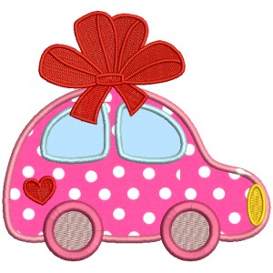 Cute Little Car With a Giant Bow Applique Machine Embroidery Design Digitized Pattern
