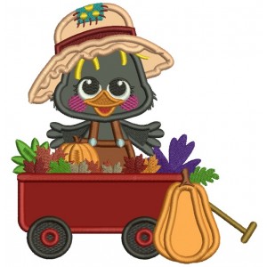 Cute Little Crow Sitting Inside The Cart With Pumpkins Applique Thanksgiving Filled Machine Embroidery Design Digitized Pattern