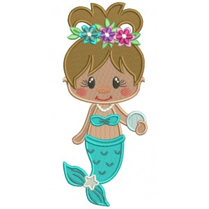 Cute Little Hawaiian Mermaid Filled Machine Embroidery Design Digitized