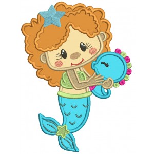Cute Little Mermaid With a Star In Her Hair Applique Machine Embroidery Design Digitized Pattern
