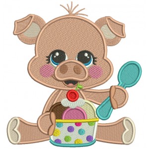 Cute Little Pig Holding Big Spoon And Eating Ice Cream Filled Machine Embroidery Design Digitized Pattern