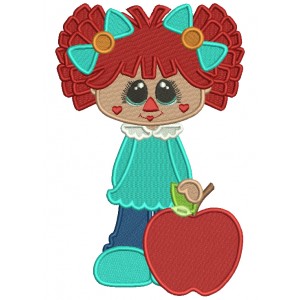Cute Rag Doll Girl With Apple Filled Machine Embroidery Design Digitized Pattern