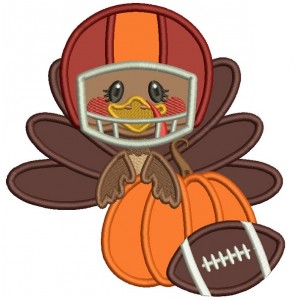 Cute Turkey Wearing Football Helmet Holding Pumpkin Applique Thanksgiving Machine Embroidery Design Digitized Pattern