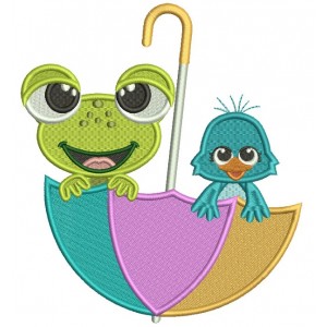 Froggy And a Chick Sitting Inside Umbrella Filled Machine Embroidery Digitized Design Pattern