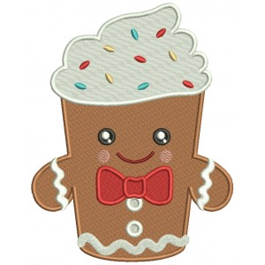 Gingerbread Man Cupcake Wearing a Big Red Bow Christmas Filled Machine Embroidery Design Digitized Pattern