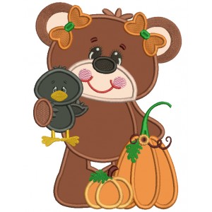 Girl Bear Holding a Bird Fall Thanksgiving Applique Machine Embroidery Design Digitized Pattern